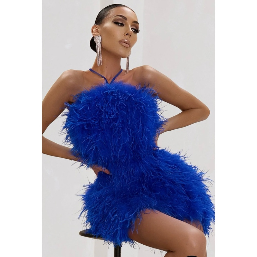 CLUB L London Cobalt Blue Feather Halter Neck Mini Dress